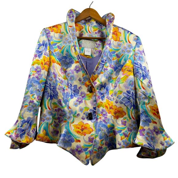 Manzoni Couture 100% Silk Floral Wearable Art Blazer Statement Jacket Sz 14 - Picture 2 of 7